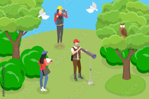 3D Isometric Flat Vector Conceptual Illustration of Ornithologists, Birdwatching and Listening to Bird Sounds