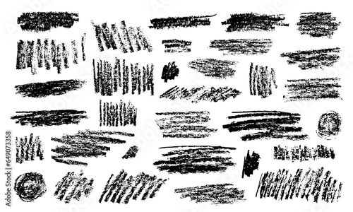 Black crayon or charcoal shapes set. Doodle forms with grunge pastel pencil texture. Hand drawn chalk scribbles or rough elements. Sketchy brushes for banner design, graffiti, childish drawing