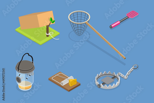 3D Isometric Flat Vector Set of Wild Animal and Insect Traps, Hunting and Trapping