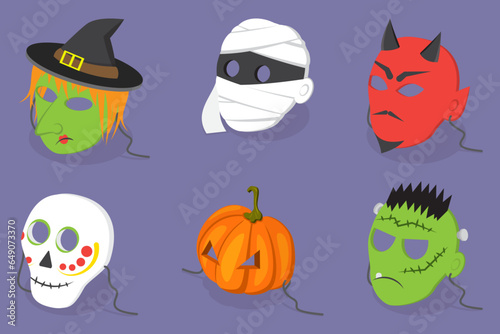 3D Isometric Flat Vector Set of Halloween Face Masks, Carnaval Costumes