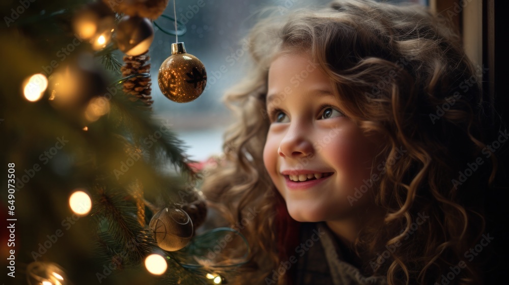 Naklejka premium A child gazes through the window, transfixed by the mesmerizing sight of a beautifully adorned Christmas tree, radiating the magic of the festive season.