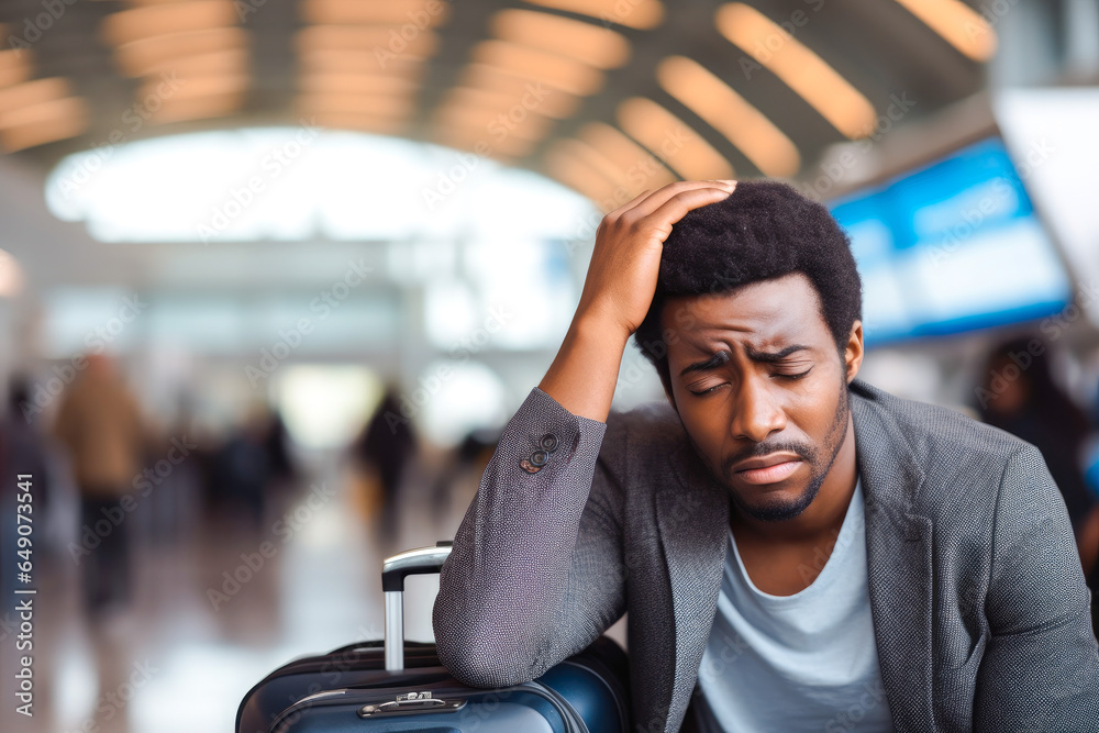 African American man in airport experiencing flight delays and travel plan changes. Worried and anxious look on his face. Travel problems - obrazy, fototapety, plakaty 