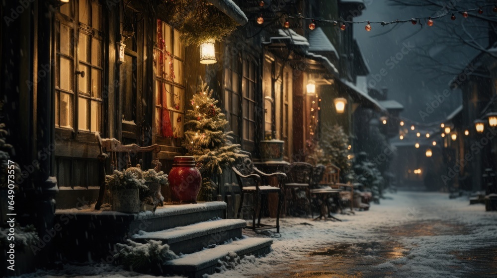 The street is veiled in a pristine blanket of snow, with the soft glow of candlelight emanating from the window, evoking the cozy charm of the Christmas season.