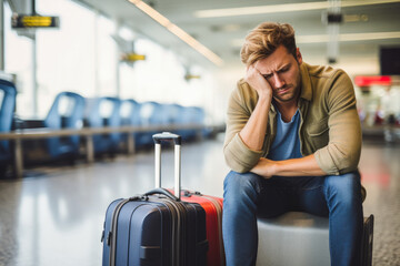 Younger man in airport experiencing flight delays and travel plan changes. Worried and anxious look on his face. Travel problems
