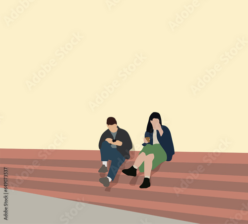 Man and woman in casual clothes talking and playing smartphone while sitting on stairs outdoors in the city street.