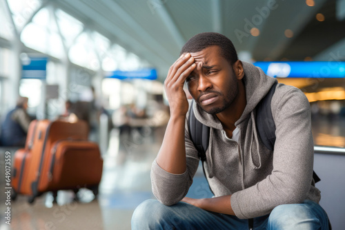 African American man in airport experiencing flight delays and travel plan changes. Worried and anxious look on his face. Travel problems