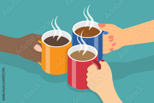 3D Isometric Flat Vector Conceptual Illustration of Cheers with Hot Beverage, Friends Gathering