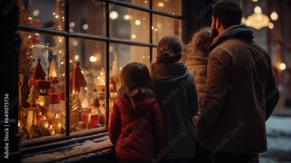 Youngsters gaze eagerly through the window, captivated by the enchanting Christmas tree.