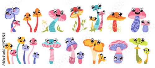 Mushrooms with cartoon faces set. Caricature comic emotions funny poisonous and edible mushrooms expressive eyes and smiling mouth. Psychedelic fungus emoticon doodle retro cute joy characters vector