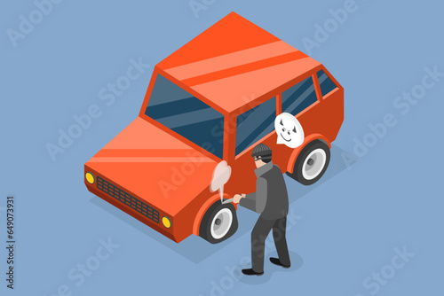 3D Isometric Flat Vector Conceptual Illustration of Malicious Car Damage, Vandalism and Aggression