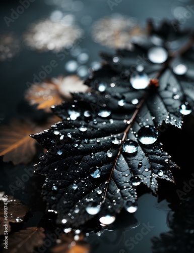 Macrography of a leaf with water droplets photo