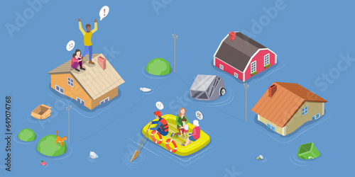 3D Isometric Flat Vector Conceptual Illustration of Flood Rescue, Natural Disasters, Helping Person Affected High Water