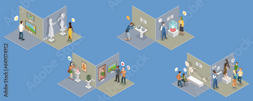 3D Isometric Flat Vector Conceptual Illustration of Arts And Paleontology Museum, Gallery Exhibition