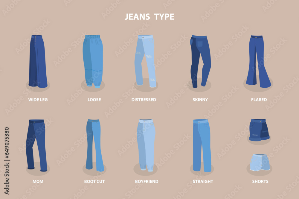 3D Isometric Flat Vector Set of Jeans Styles, Fashion Pants 3D Isometric Flat Vector Set of Jeans Styles, Fashion Pants
