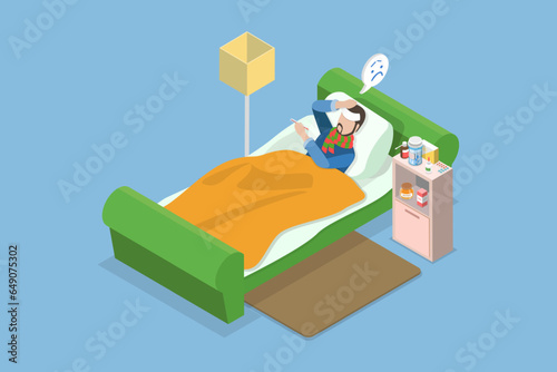 3D Isometric Flat Vector Conceptual Illustration of Feeling Unwell, Sick Person in Bed