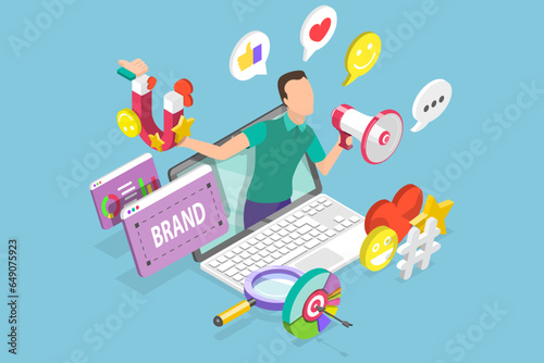 3D Isometric Flat Vector Conceptual Illustration of Personal Brand Strategy, Influencer Marketing