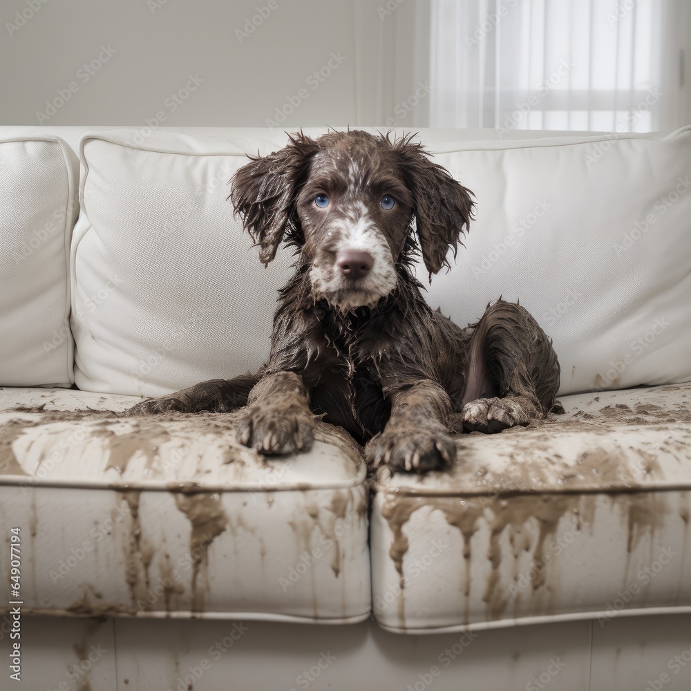 A dog covered in mud with a guilty face is sitting on a clean sofa