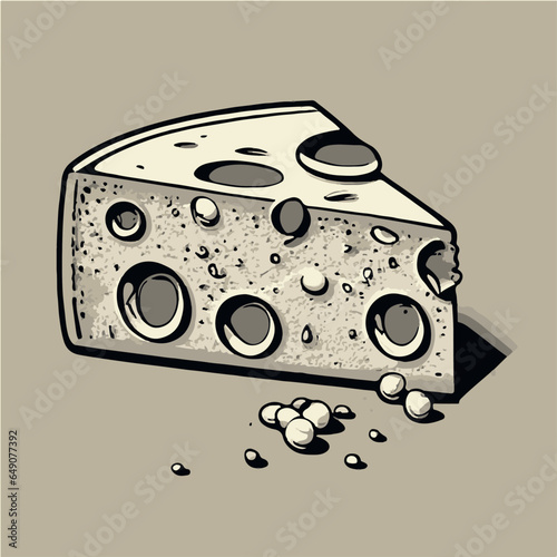 A cheese block with large holes. Block of porous Holland Maasdam cheese. A piece of Swiss dairy product. Color flat vector illustrations of fresh gourmet food isolated on a monochrome background
