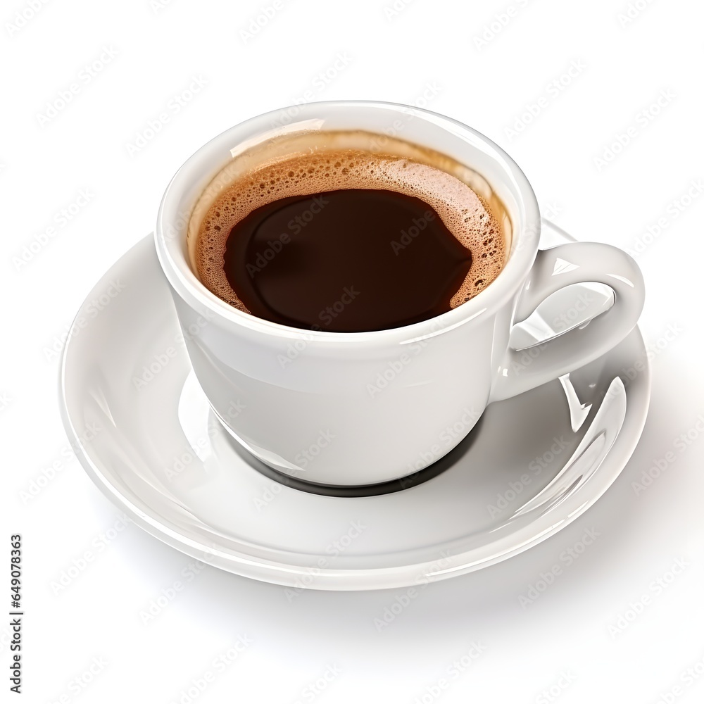 Cup of coffee on a white saucer, white table 