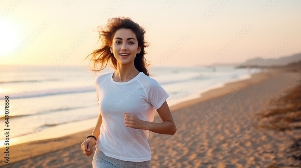 A relaxing woman is jogging at beach in the morning. A relaxing woman is jogging at beach in the morning.