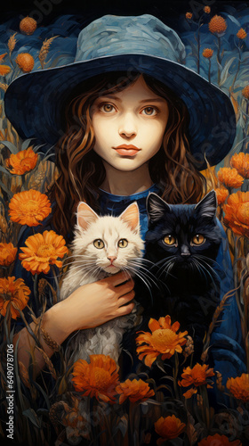 Illustration of a girl holding two cats in a vibrant and colorful field of flowers created with Generative AI technology