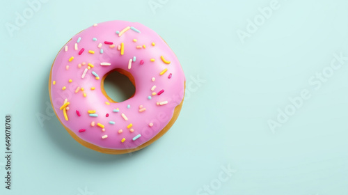 Delicious pink donut on light pastel green, blue background.