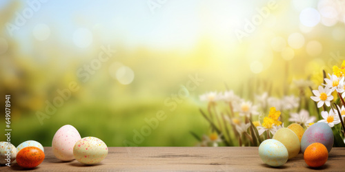 Wooden table with easter eggs and blurred spring meadow background