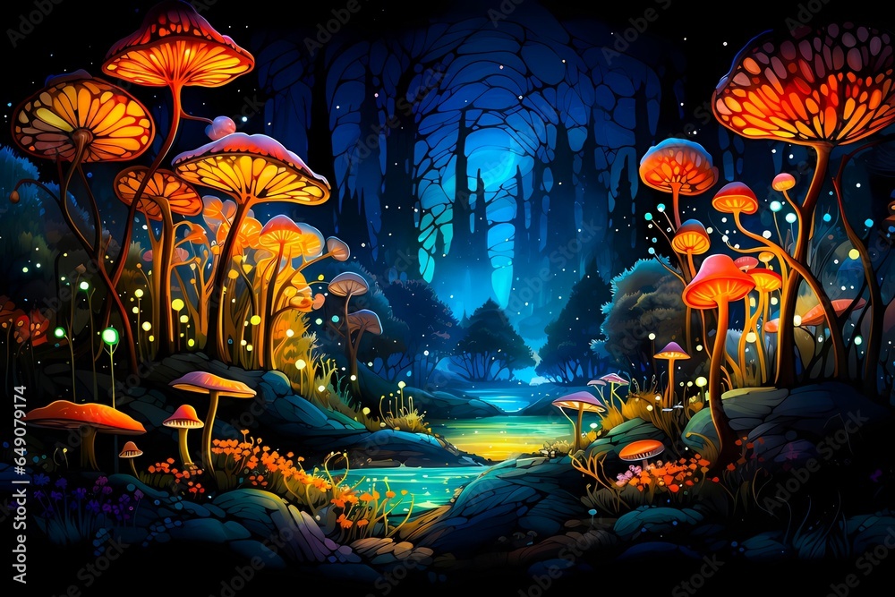 A psychedelic, vibrant fractal representation of a forest