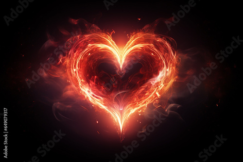 rotes hell leuchtendes Herz aus Licht und Lichteffekten auf dunklem Hintergrund. Generative Ai.
