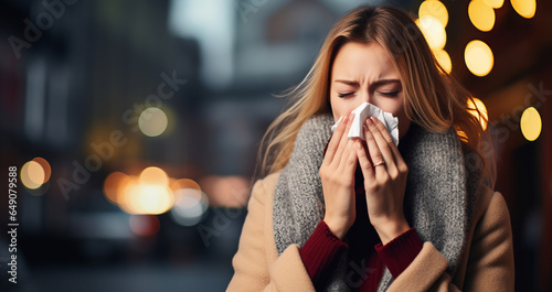 woman with flu outdoors on wintertime, seasonal infections. person with illness blowing nose in the street, copy space for text