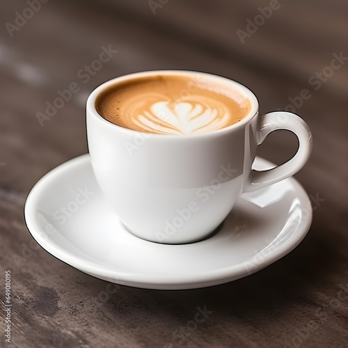 Breakfast cup of coffee on a white saucer, dark wooden table with brown expresso coffee beansa