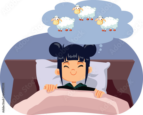 Little Girl Counting Sheep to Fall Asleep Vector Cartoon illustration. Child using a falling asleep technique to focus on resting
