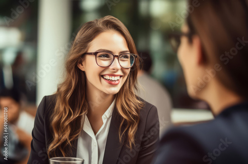 happy young woman with glasses talking and smiling at meeting with female job candidate in office area © Kien
