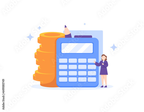 finance staff concept. accountant or treasurer. a manager with a calculator and coins. Organize and manage company finances. making financial reporting. illustration design concept. vector elements