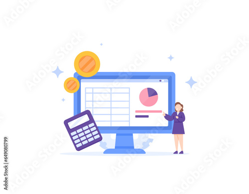 administrative and financial staff concept. accountant or treasurer. a manager with a calculator, coins and a monitor. Organize and manage company finances. making financial reporting. illustration