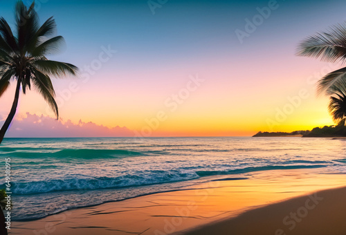 Serene beach at sunset with palm trees and gentle waves. © Chris-e