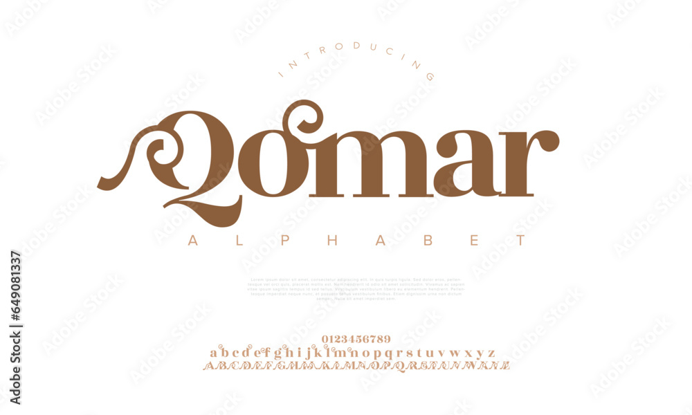 Qomar premium luxury elegant alphabet letters and numbers. Elegant wedding typography classic serif font decorative vintage retro. Creative vector illustration