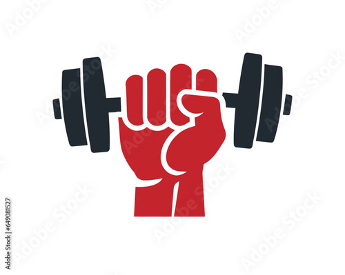 red hand holding dumbbell logo with good quality