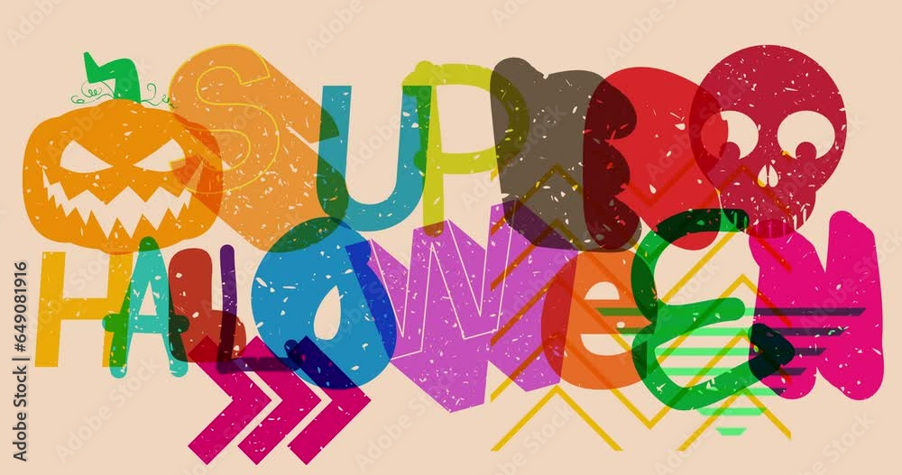 Risograph Super Halloween word with geometric shapes animation. Holiday in trendy riso graph design. Risograph Super Halloween word with geometric shapes animation. Holiday in trendy riso graph design.