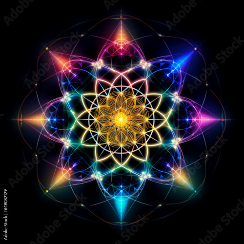 Holographic Mandala Effect Photo Overlay. Iridescent Shimmer Patterns, Radiant Kaleidoscope, Geometric Neon Shapes, Symmetrical Flower Abstract, Colorful Light. Generative AI. © overlays-textures