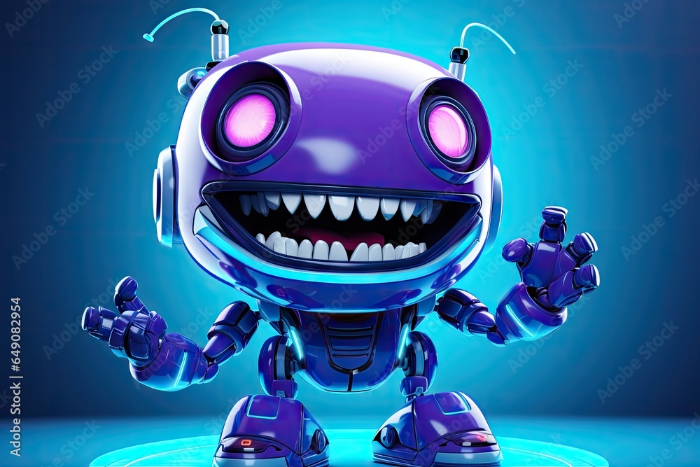 Cute purple robot on blue background. - obrazy, fototapety, plakaty 