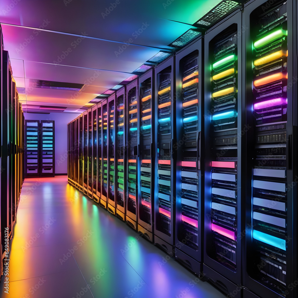 A network server room filled with rows of powerful servers and colorful blinking lights A network server room filled with rows of powerful servers and colorful blinking lights