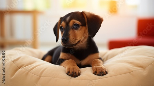 Cute little puppy lying on soft pillow indoors.