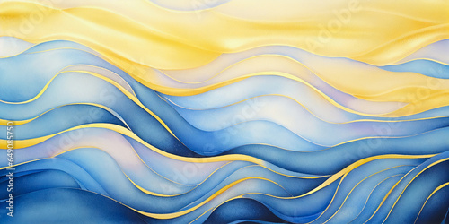 Ocean waves abstract watercolor. Sunny beach minimalist seascape with teal blue and golden yellow background. Colorful sunset sky waves wavy texture backdrop for copy space text or web, mobile banners © Vita