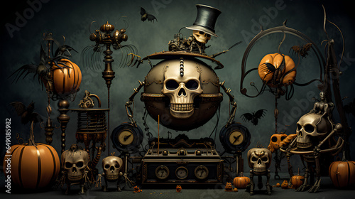 Steampunk halloween. Scenes with skulls, cats, transport, pumpkin bats... with a retro-futuristic aesthetic. 