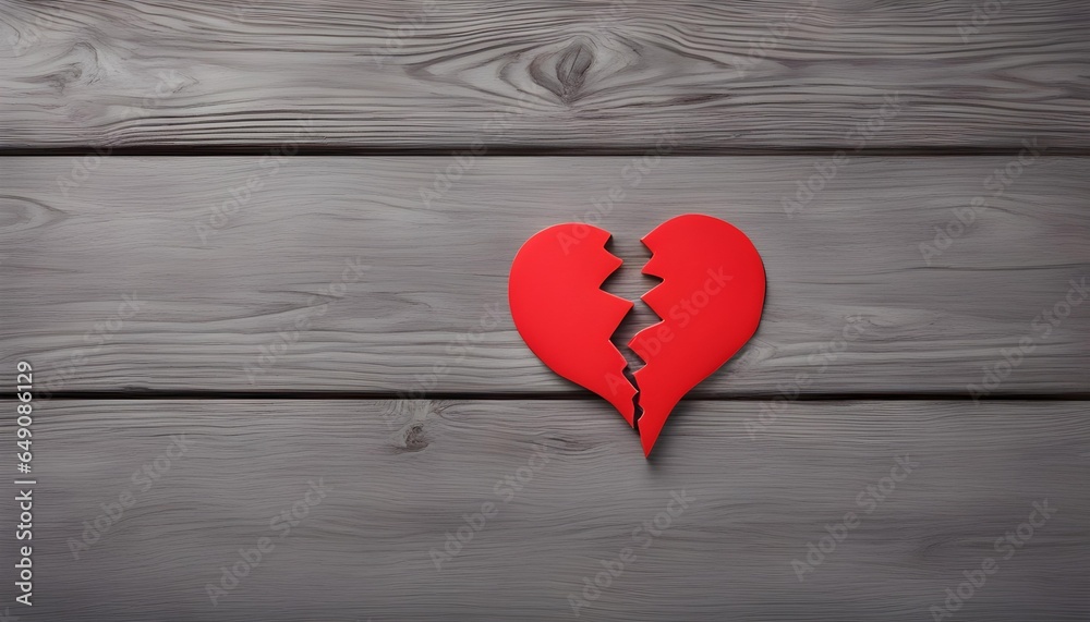 Fototapeta premium Cute Broken red heart on grey wooden table.