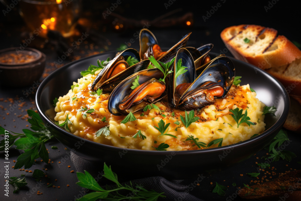 Mussels with herbs in a bowl with lemon and French fries on a wooden board. Seafood.