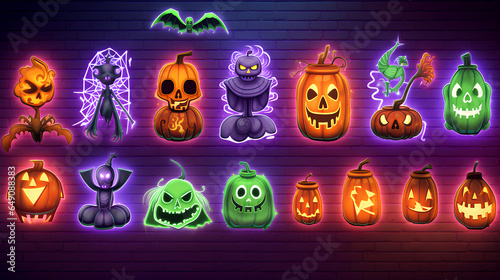 Neon Halloween signs in the shape of pumpkins, bats, ghosts, witches... Letters and stickers on a Halloween brick wall with intense lights with lots of color.