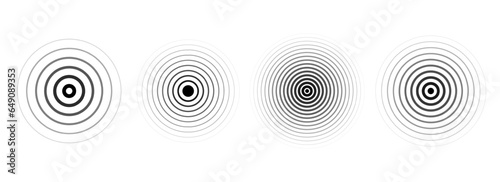 Black concentric ripple circles set. Linear sound wave rings collection. Epicenter, target, radar, sonar icon concept. Radial signal or vibration elements. Halftone vector illustration 