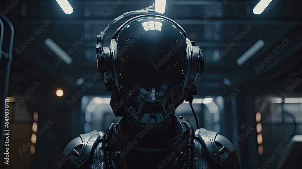 Psycho Deliverance Robot: a sci-fi cyborg with a cyberpunk helmet - on a futuristic ship - Generative A